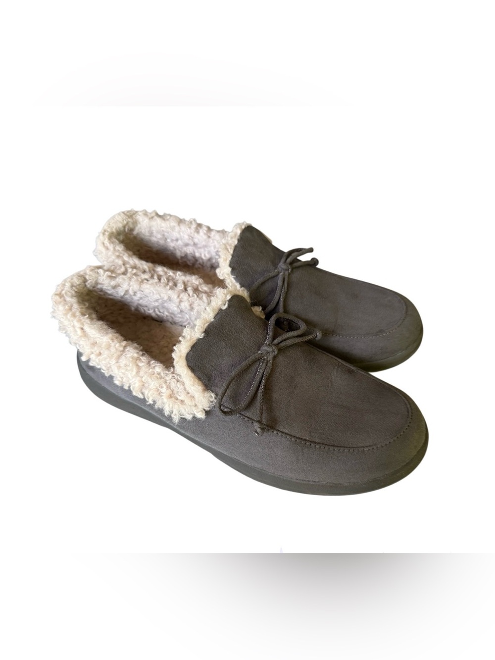 Vionic Gray Slip-On Suede Slippers with Cream Sherpa Collar